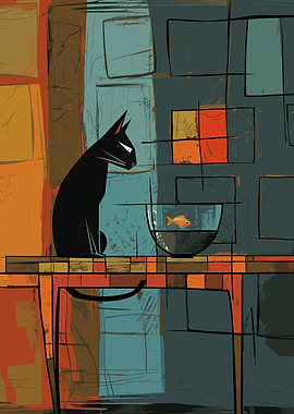 Black Cat with Gold Fish