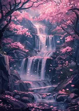 Sakura Trees and Waterfall