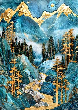 Golden Mountain Stream Art