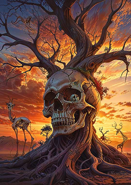 Surreal Sunset Skull Tree