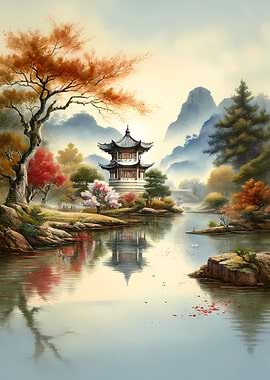 Serene Pagoda by Lake