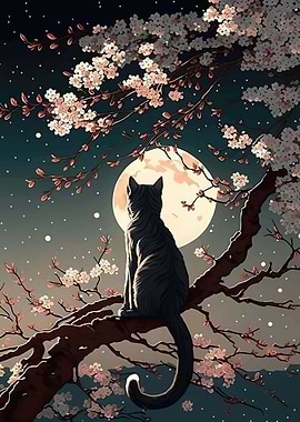 Cat Moon Cherry Blossom