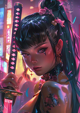 Neon Retro Katana Girl