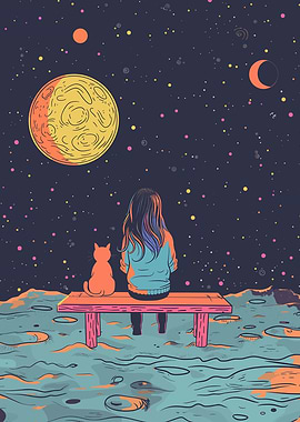 Star Gazing Girl with Cat