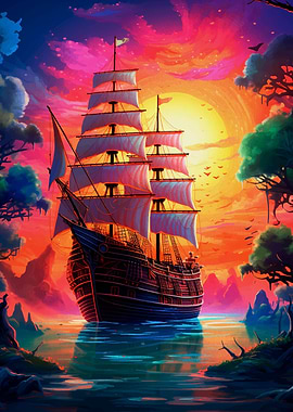 Pirate ship sunset