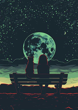 Girl and Cat Night Gazing
