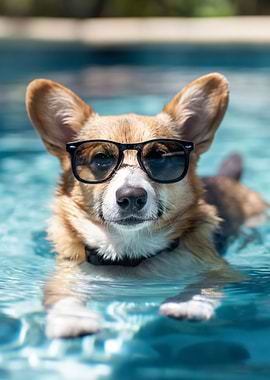 Corgi Pool Swimming Funny