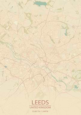 Leeds UK Vintage City Map