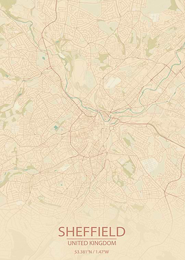 Sheffield UK Vintage Map
