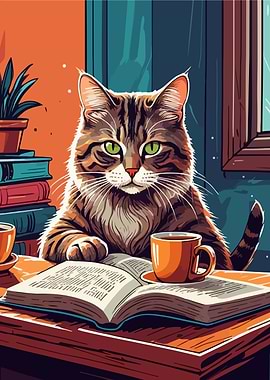 The cat drinks coffee and