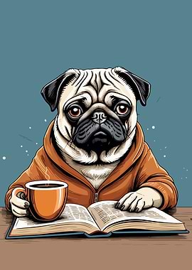 pug drink coffee read book