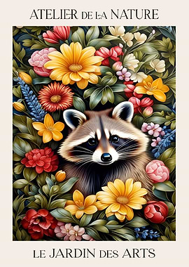 Funny Racoon in Flowers