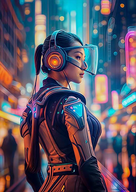 Girl in Neon VR Cityscape