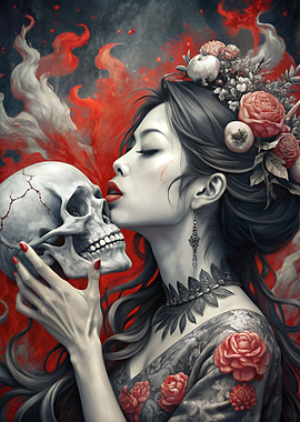 Woman kiss Skull