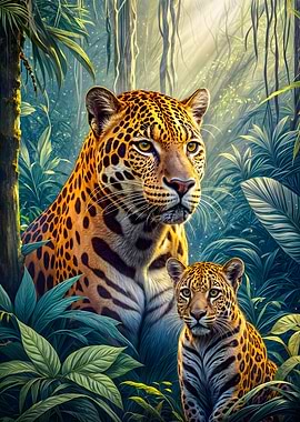 Jaguar with Cub in forest