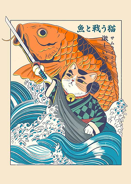 Samurai cat and koi fish