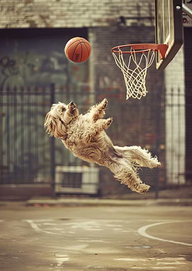 A dog playing basketball