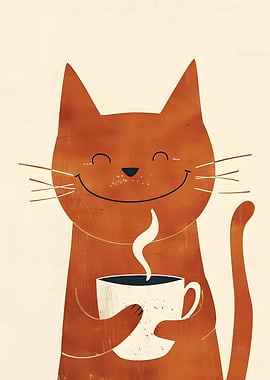 Smiling Cat with Coffee