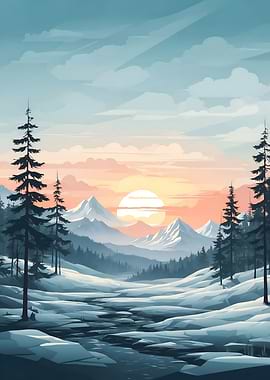 Sunset in Snowy Mountains