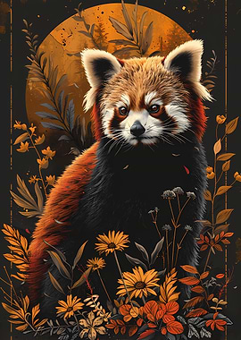 Red Panda Portrait Flowers