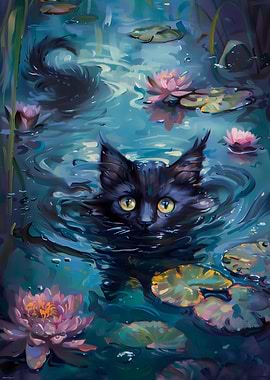 Cute Cat in a Pond