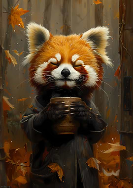 Red Panda Drinking Coffee