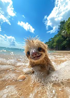 Happy sloth at the sea