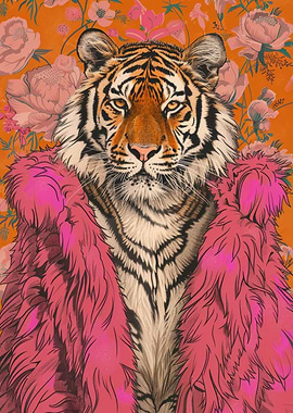 Tiger in Pink Fur Floral