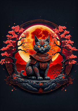cat samurai red moon