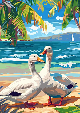 White Ducks on a Beach
