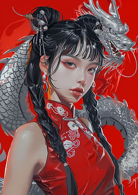 Asian Woman And Dragon