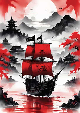 Red Black Pirate ship