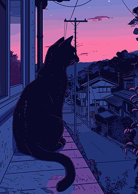 Black Cat Lofi Pink Retro