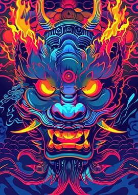 Neon Japanese Yokai Mask