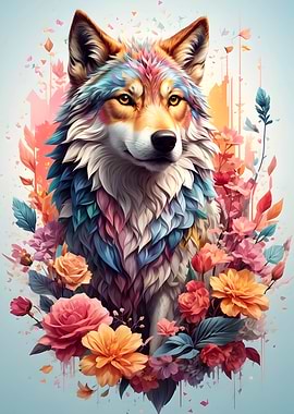 Colorful Wolf Vintage Art