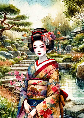 Geisha in Japanese Garden