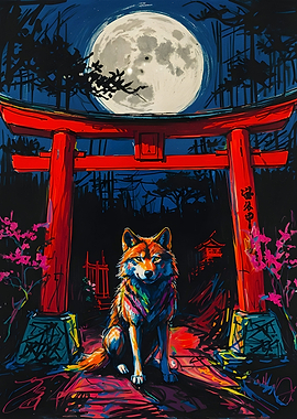 The wolf sits in front of