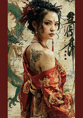 Retro geisha dragon
