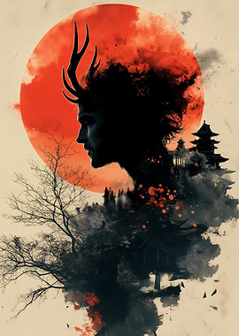 Silhouetted Figure with Red Moon