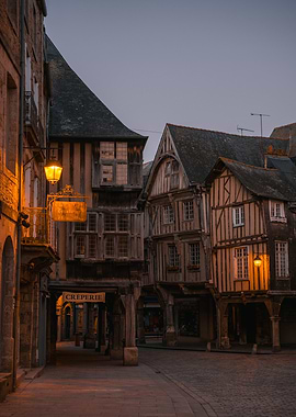 Dinan Medieval Street at Dusk - Brittany, France