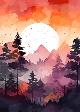 Mountains Sunset Trees
