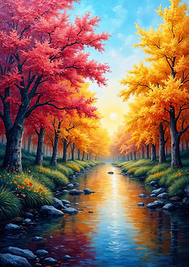 Autumn River Landscape Oil Painting