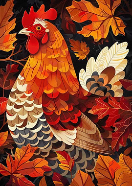 Rooster in Autumn Leaves