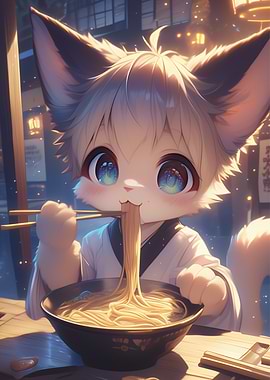 Cute Cat Eating Ramen