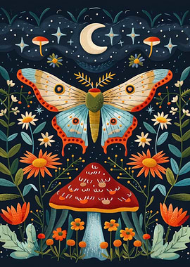 Moth and Mushroom 3D Embroidery Art