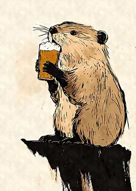 Beaver Drinking Beer Sumi-e