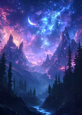 Starry Cosmic Galaxy Mountain Valley