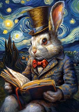 Rabbit Reading Under Starry Night