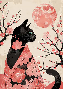 Black Cat in Cherry Blossoms Kimono