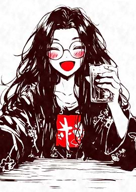 Smiling Anime Girl with Drink